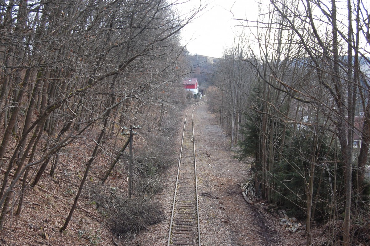 Die württembergische Schwarzwaldbahn am 7. März 2015 in Calw-Heumaden mit Blick von der Brücke zwischen Sonnenhalde und Hengstetter Steige.