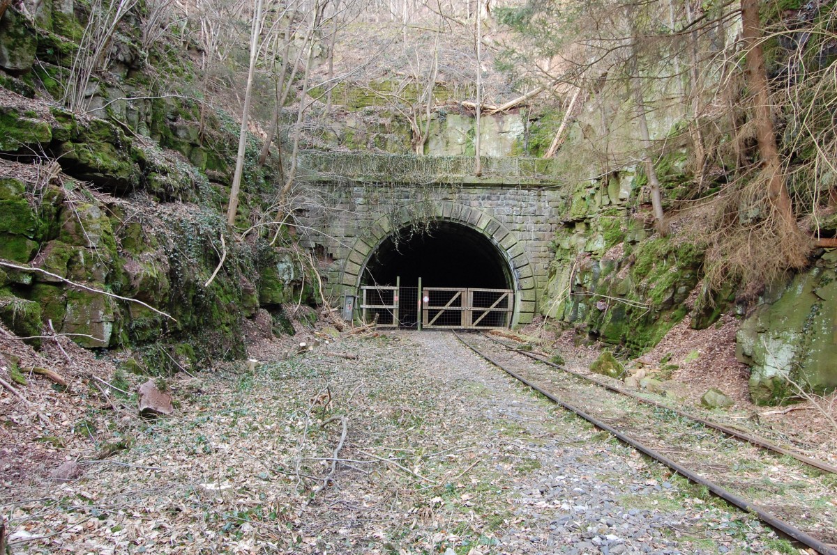 Die württembergische Schwarzwaldbahn am 7. März 2015 mit dem Südportal des Hirsauer Tunnels.