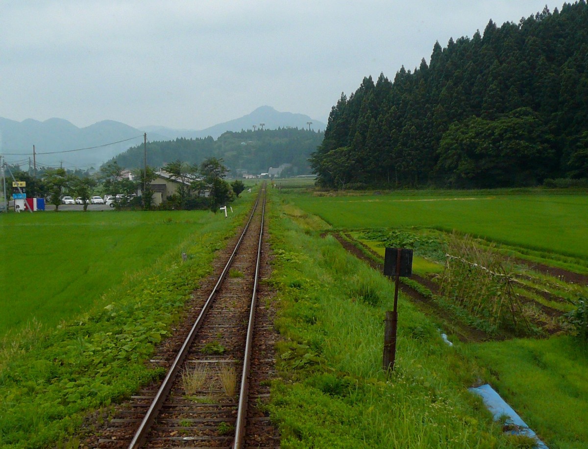 Die Yuri Kôgen-Bahn: Der heftige Regen muss jetzt die jungen Reispflanzen zu ordentlichem Wachstum verhelfen. Von den Bergen ist nichts zu sehen. Unterwegs in Triebwagen 2001 kurz nach Ayukawa, 10.Juli 2010.  
