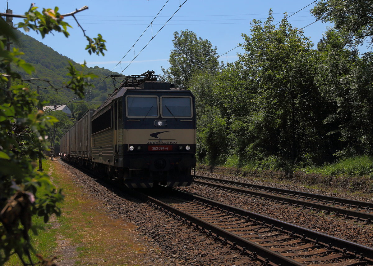 Die ZSSK-Cargo 363 094 mit Containerzug aus der Slowakei mit Nex 59975 gen Decin. Aufgenommen bei Brna am 02.06.2019