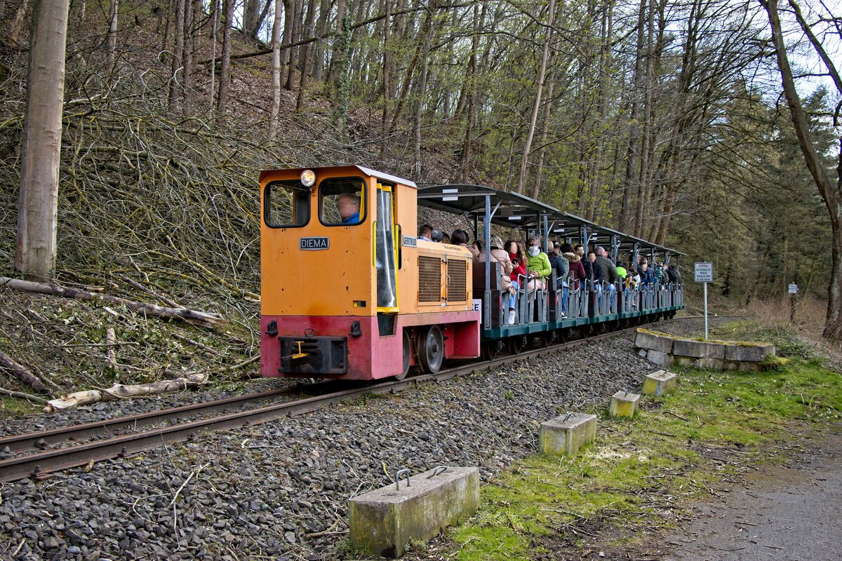Diema-Feldbahnlok  Gertrud  darf nach Beseitigung der meisten Unwetterschäden an der Museumsstrecke zum Muttentalfest wieder zwischen Zeche Nachtigall und Parkplatz pendeln (10.04.2022)