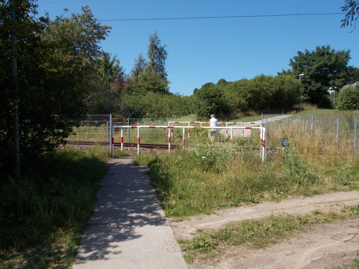 Dies ist kein Schleichweg über die Gleise.Dieser Überweg befindet sich zwischen den Bahnhöfen Sassnitz und Lancken.Aufnahme am 15.Juli 2014.