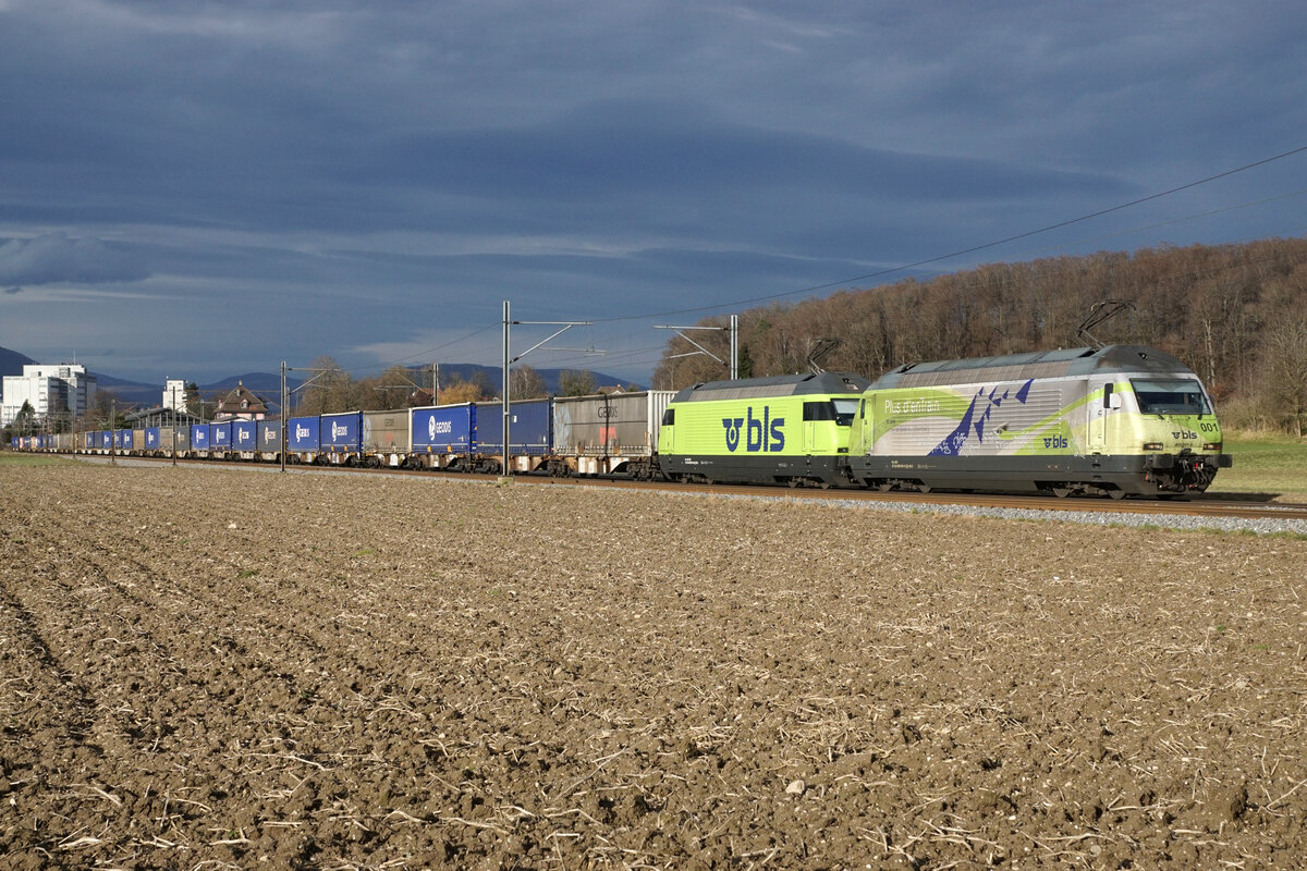 Diese fotogene Doppeltraktion mit der BLS Re 465 001 an der Spitze und einer weiteren nicht erkennbaren Refit-465 schleppte am 18. Februar 2022 während einem nur kurzen Gastspiel der Sonne bei Bollodingen einen internationale Güterzug in den Süden.
Foto: Walter Ruetsch