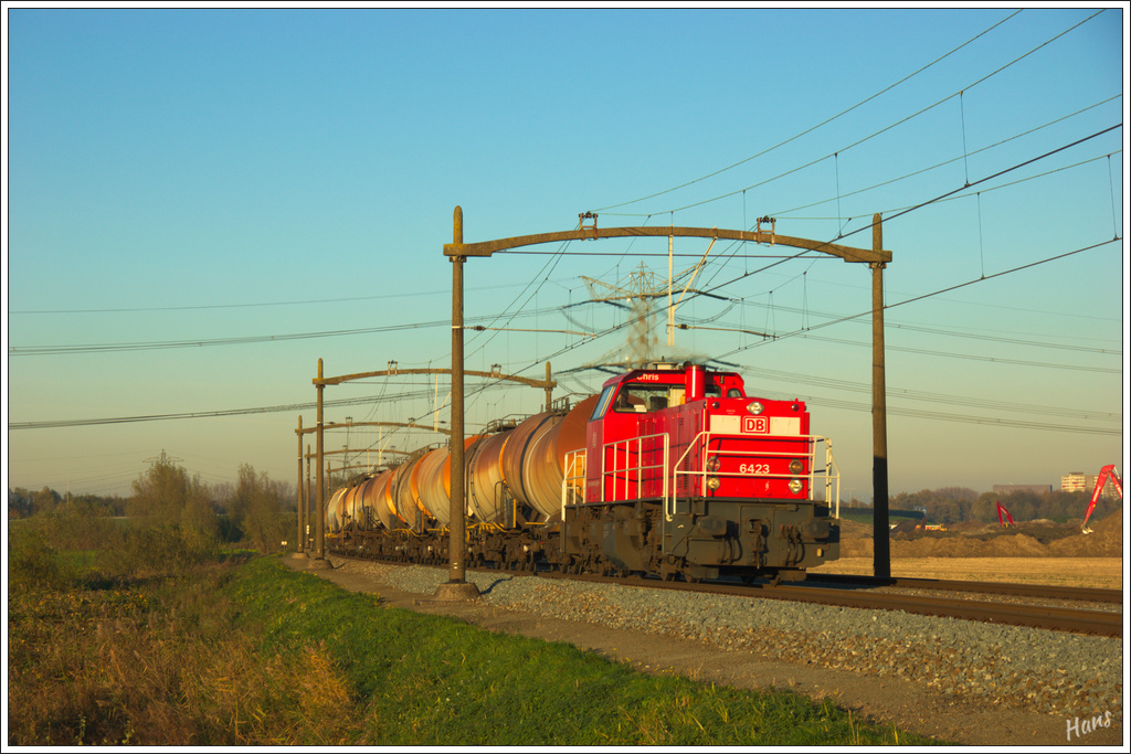 Diesellok 6423  Chris  fährt mit einem Güterzug bei Dordrecht, 14. Januar 2012.