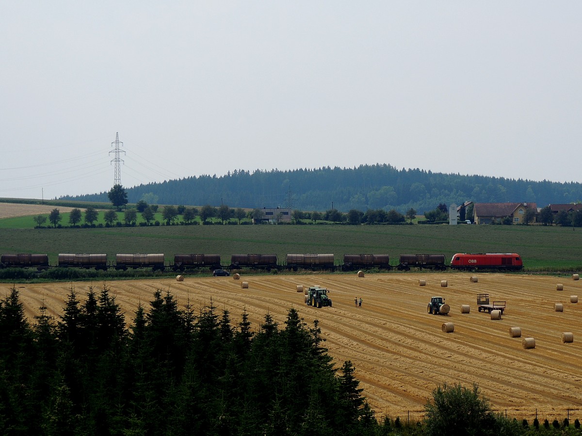  Dieselpower , einerseits mit Lok der BR2016 und werktäglichem Kesselwagenzug(47850), sowie am Acker mit den Schleppern beim Weizenstrohabtransport,nächst Oberbrunn; 150724