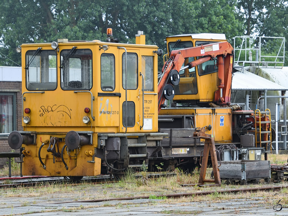 Dieser Gleisbaukran TR 217 (99 86 9281 217-0) stand unweit des Bahnhofes in Aalborg. (Juni 2018)