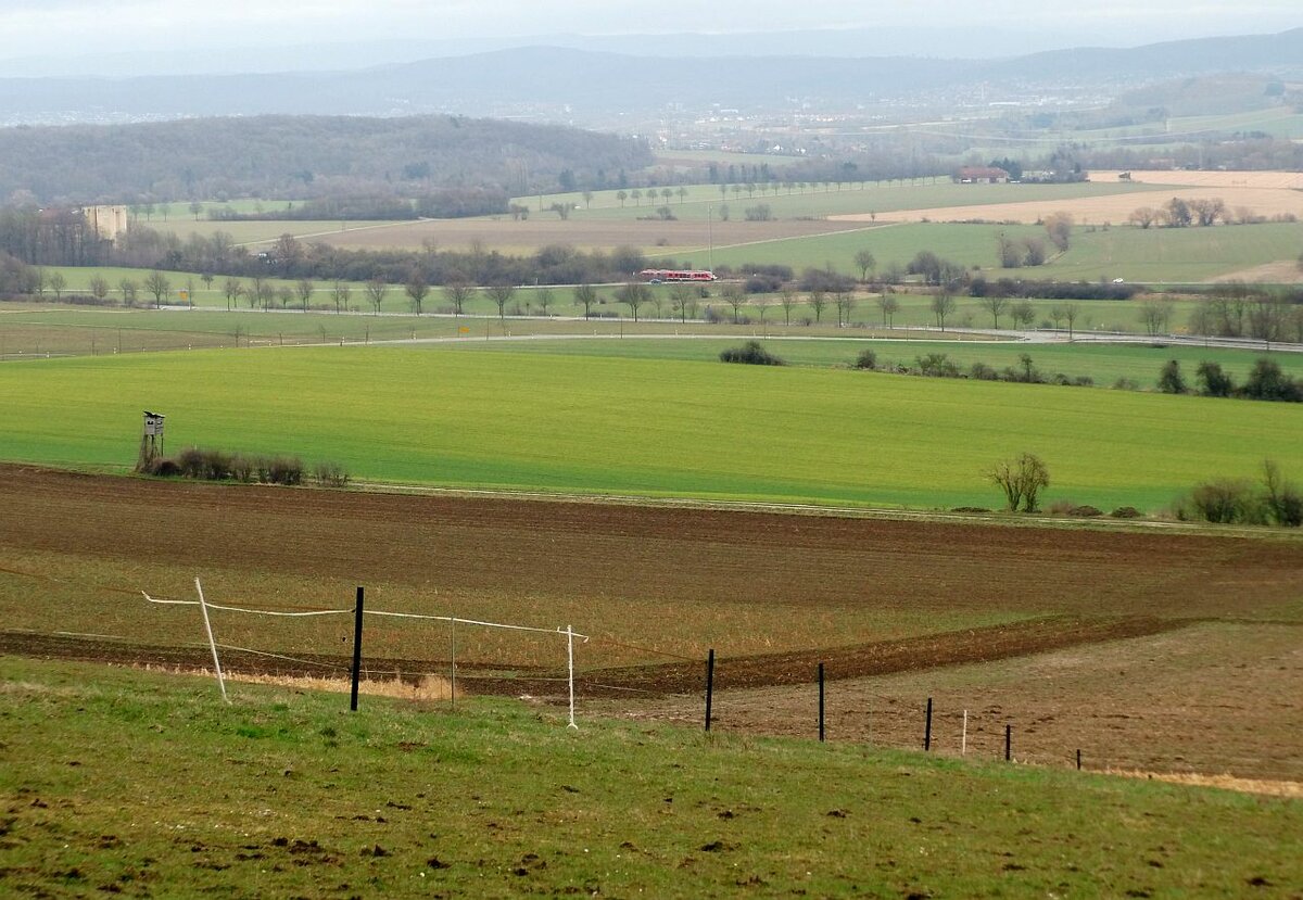 Dieser Standort hatte mich schon lange gereizt, und da im Harz kein Zugverkehr stattfand, klapperte ich sozusagen vor der Haustür die Strecken ab. Der Blick geht hier von Blankenhagen südlich(links) an Moringen vorbei ins Leinetal zum 10 km entfernten Northeim, wo die Sollingbahn nach Bodenwerder über Uslar beginnt. Hier brummt nun ein Zug Richtung Hardegsen/Uslar unterhalb meines Standortes vorbei.11.03.2021 