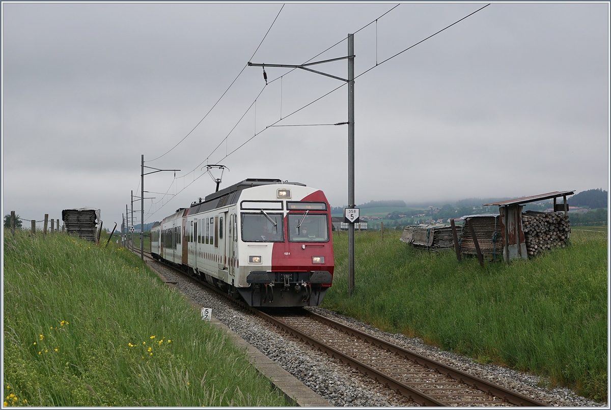 Doch auch ein Blick in die Gegenrichtung bot interessantes: Der TPF RBDe 567 181 Pendelzug ist als RE 4020 von Fribourg nach Bulle bei Vaulruz unterwegs.

12. Mai 2020