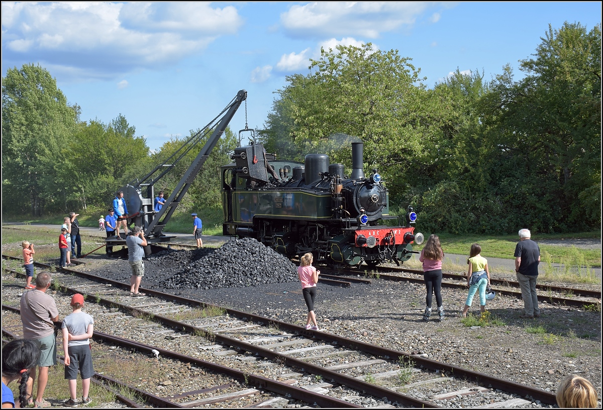 Dollertalbahn, ein kaum bekanntes Museumsjuwel.

In Sentheim wird 020+020T systme Mallet n 10416 bekohlt und die Fahrgste knnen sich ebenfalls strken. Man beachte den Handbetrieb der Bekohlungsanlage. Die kleine Dampflok scheint auch sehr gengsam zu sein, denn dieses Hufchen htte so manche Grodampflok bei der Fahrt auf einmal gefressen... Und ber mangelndes Interesse beim Publikum brauchte man sich auch nicht beklagen, da wurden sogar die Roller Blades ber den Schotter gejagt... August 2017.
