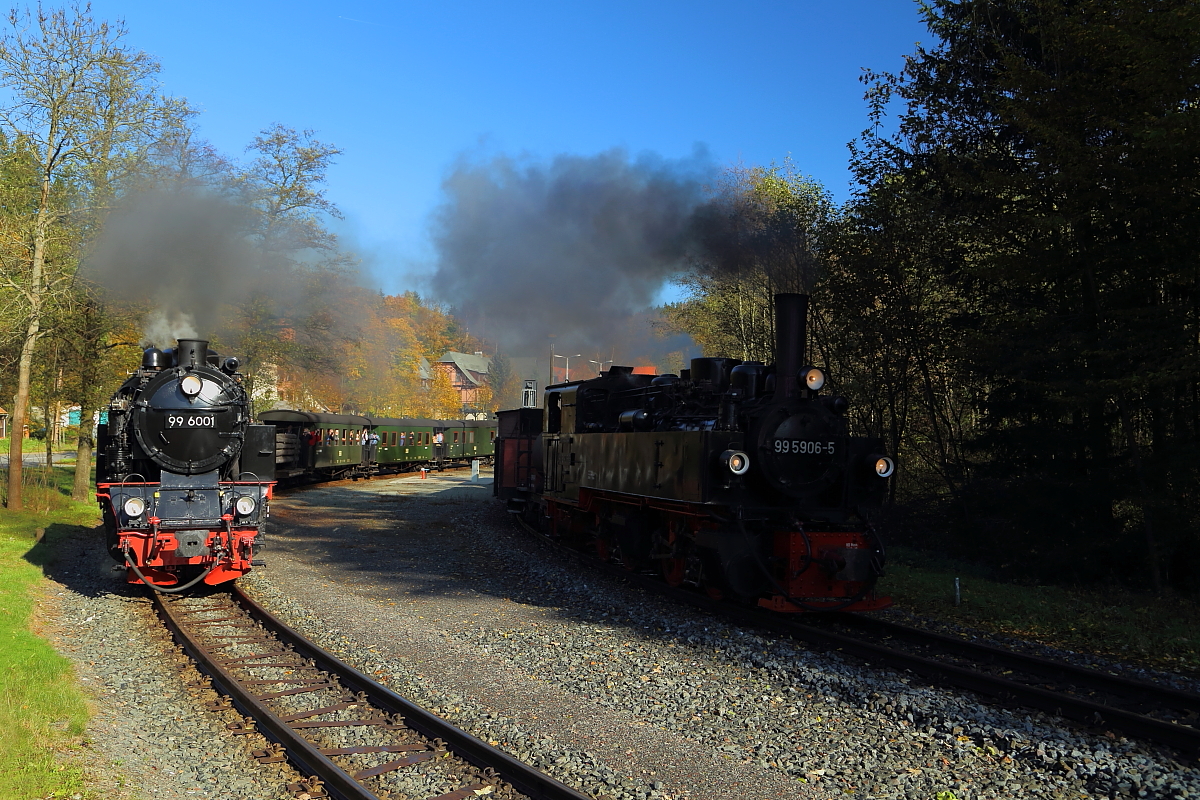 Doppelausfahrt von 99 6001 und 99 5906 mit zwei Sonder-PmG`s der IG HSB am 19.10.2014 aus dem Bahnhof Alexisbad. (Bild 4)