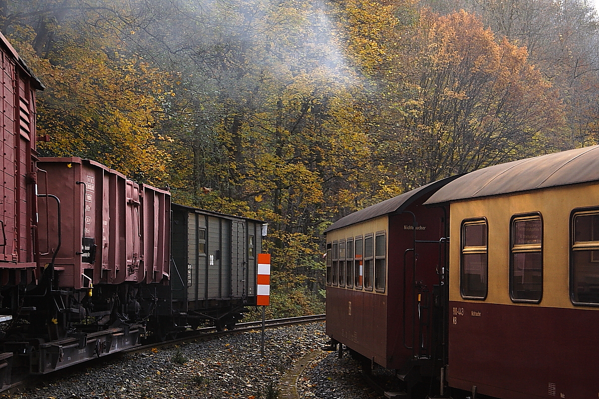 Doppelausfahrt des Fotogüterzuges der HSB (links auf der Selketalbahn) und Planzug P8904 nach Wernigerode am 19.10.2013 aus dem Bahnhof  Eisfelder Talmühle (Bild 3). Auch ohne Loks fand ich diese seltene Perspektive mal durchaus interessant.

(Anmerkung zum Aufnahmestandort: Der Standort befindet sich an der Waldzunge genau zwischen der Gleisgabelung von Selketal- und Harzquerbahn, kurz hinter dem Bahnhof  Eisfelder Talmühle . Die Doppelausfahrt war speziell zu einem Fototermin für die Fahrgäste eines Sonderzuges der IG HSB organisiert (geplanter Bestandteil der Sonderfahrt), der Standort vorher genau festgelegt, von der Betriebsleitung der HSB genehmigt und durch Mitarbeiter der IG HSB überwacht und abgesichert worden, welche mit Argusaugen und Warnweste sowie  Meckertüte  (Megafon) bewaffnet, genauestens darauf achteten, dass keines ihrer  Schäfchen , und das waren immerhin 30-40, verlorenging oder sich gar in Gefahr brachte. Ich versichere, dass die Aufnahme somit absolut legal und keinesfalls eigenmächtig entstand!)