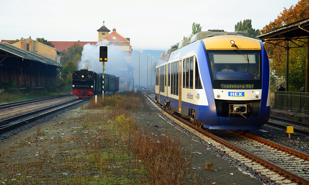 Doppeleinfahrt am Morgen des 18.10.2014 in den Bahnhof Quedlinburg. Während links Dampflok 99 6101 einen Sonderzug der IG HSB zur Fahrt nach Hasselfelde bereitstellt, rollt rechts LINT-Triebwagen VT 809 des HEX-Unternehmens ein. Der Name HEX (Harz-Elbe-Express) trifft in diesem Fall wortwörtlich zu, denn der Triebwagen ist unterwegs von Thale (Harz) nach Magdeburg (Elbe).