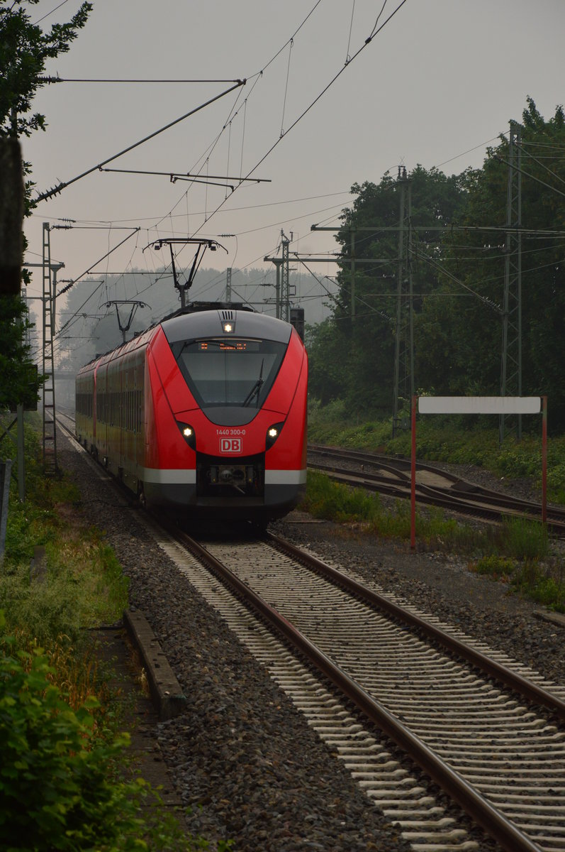 Doppelgrinsekatze auf der S8, vorn ist der 1440 300-0 bei der Anfahrt an den Bahnsteig in Kleinenbroich zu sehen. 1.6.2016