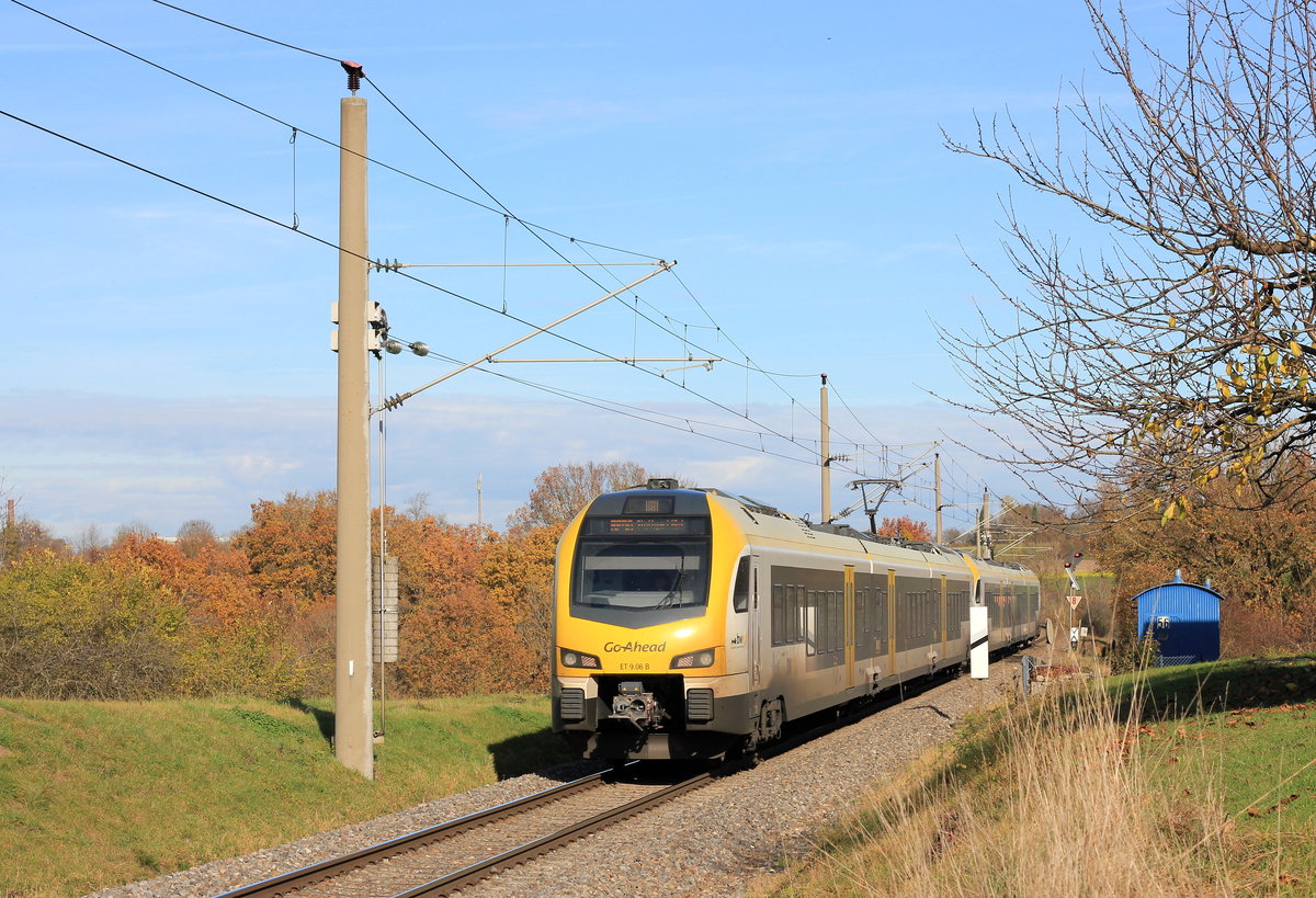 Doppeltraktion Flirt 3XL als RE Nürnberg-Stuttgart am 14.11.2020 bei Rauhenbretzingen.