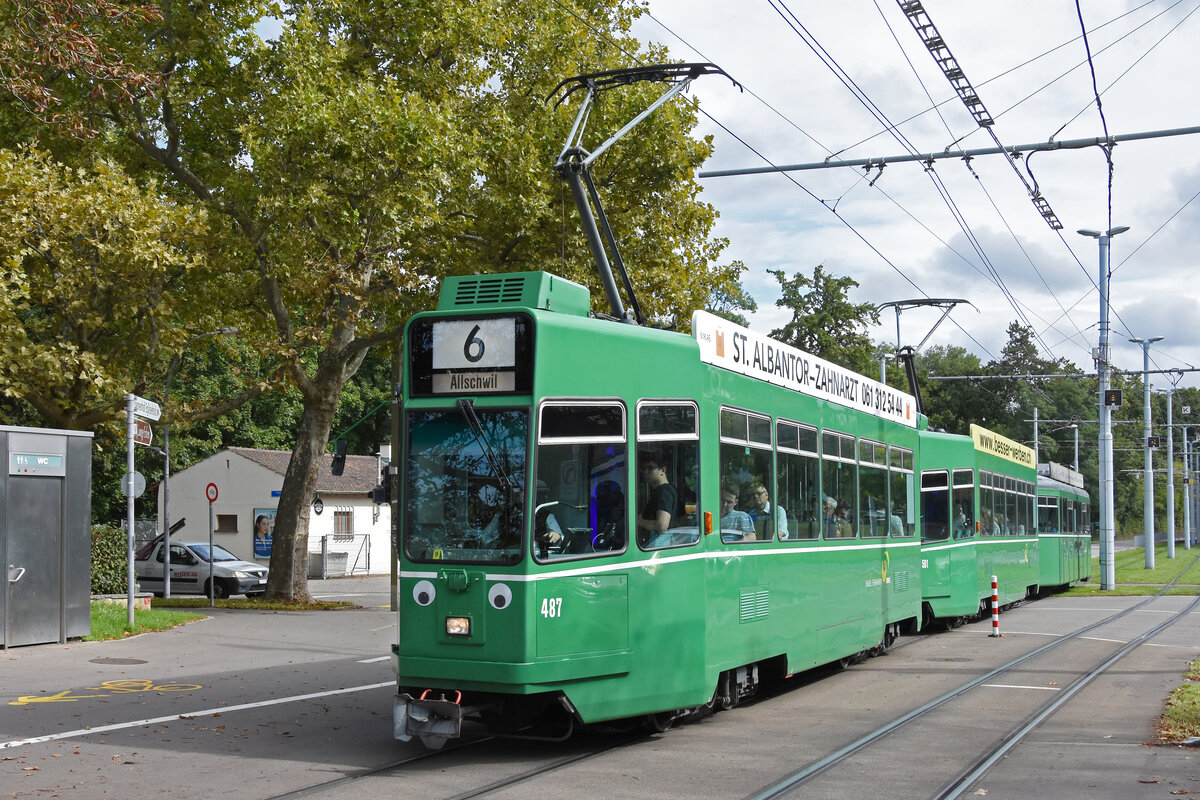 Doppeltraktion mit den Be 4/4 487 und 501 zusammen mit dem B4S 1501, auf der Linie 6, fährt am 02.09.2025 bei der Haltestelle Eglisee ein. Aufnahme Basel.