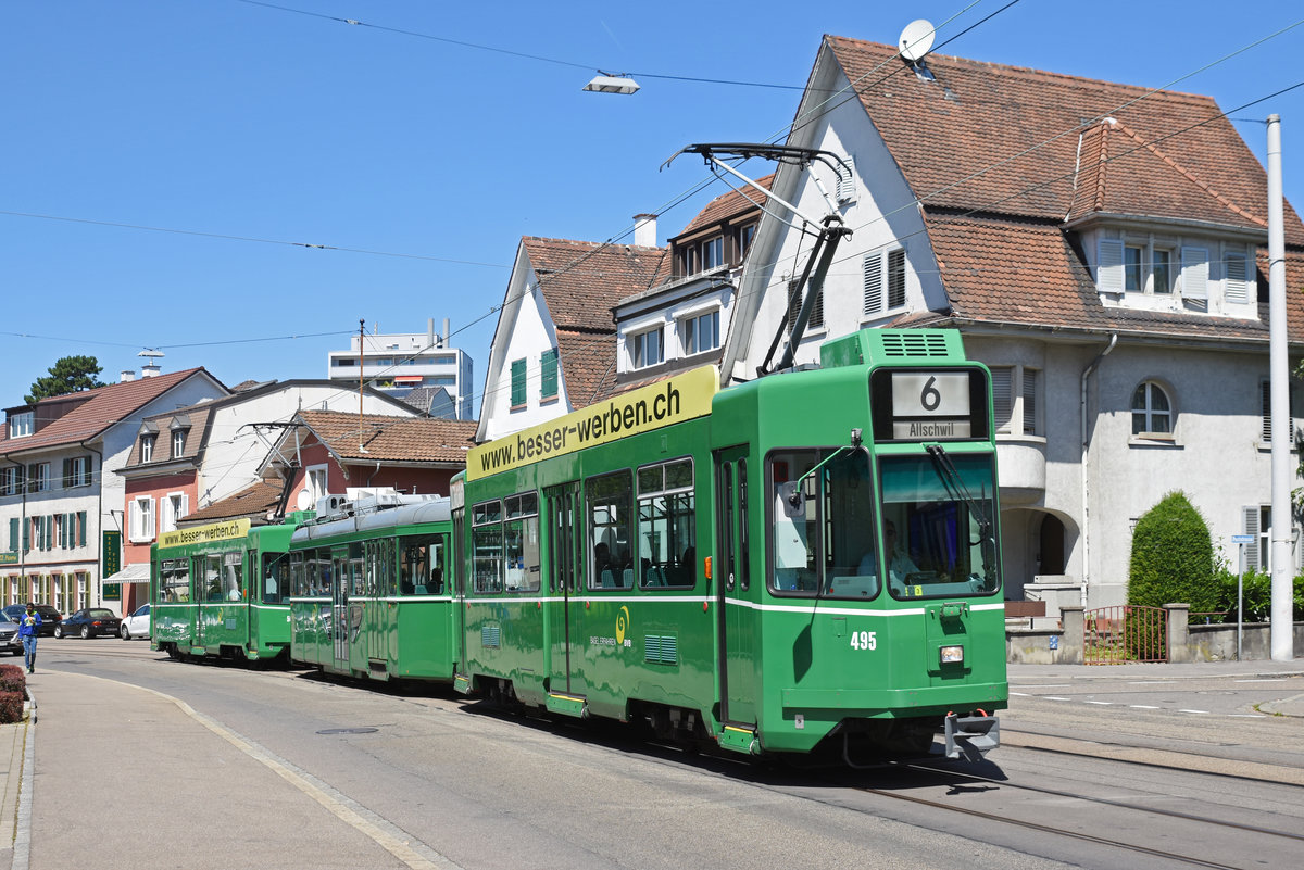 Doppeltraktion, mit dem Be 4/4 495, dem B4S 1469 und dem Be 4/4 501, auf der Linie 6, fahren zur Haltestelle Morgartenring. Die Aufnahme stammt vom 26.06.2018.