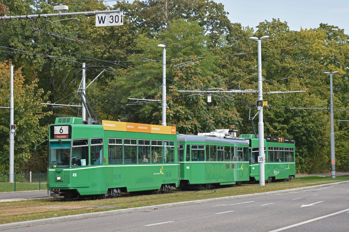Doppeltraktion, mit dem Be 4/4 478, dem B4S 1493 und dem Be 4/4 498, auf der Linie 6, fährt zur Haltestelle Eglisee. Die Aufnahme stammt vom 30.09.2018.