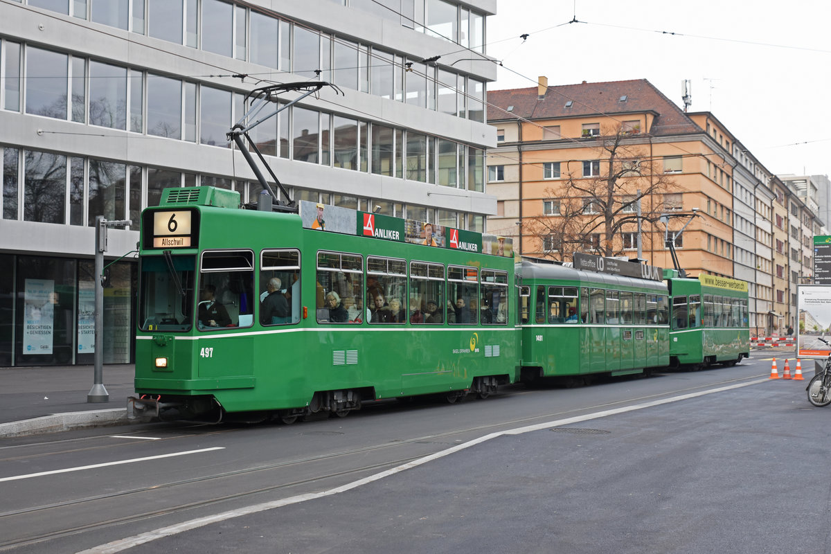 Doppeltraktion mit dem Be 4/4 497, dem B4S 1491 und dem Be 4/4 499, auf der Linie 6, bedient die Haltestelle Gewerbeschule. Die Aufnahme stammt vom 21.11.2018.
