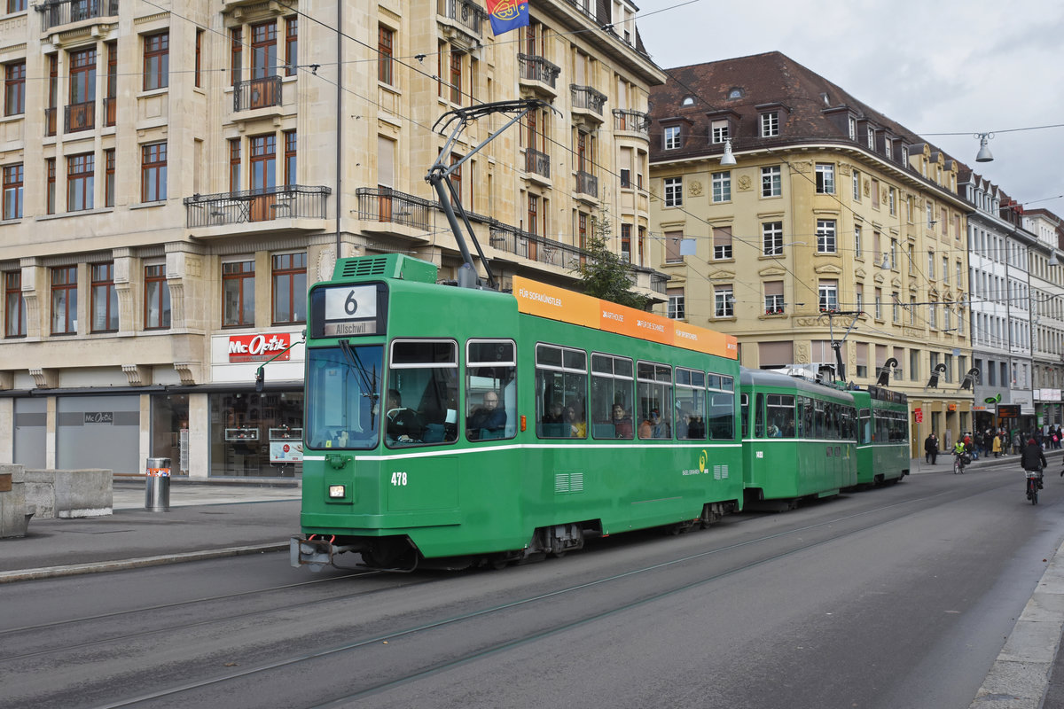 Doppeltraktion, mit dem Be 4/4 478, dem B4S 1493 und dem Be 4/4 498, auf der Linie 6, überquert die Mittlere Rheinbrücke. Die Aufnahme stammt vom 04.12.2018.