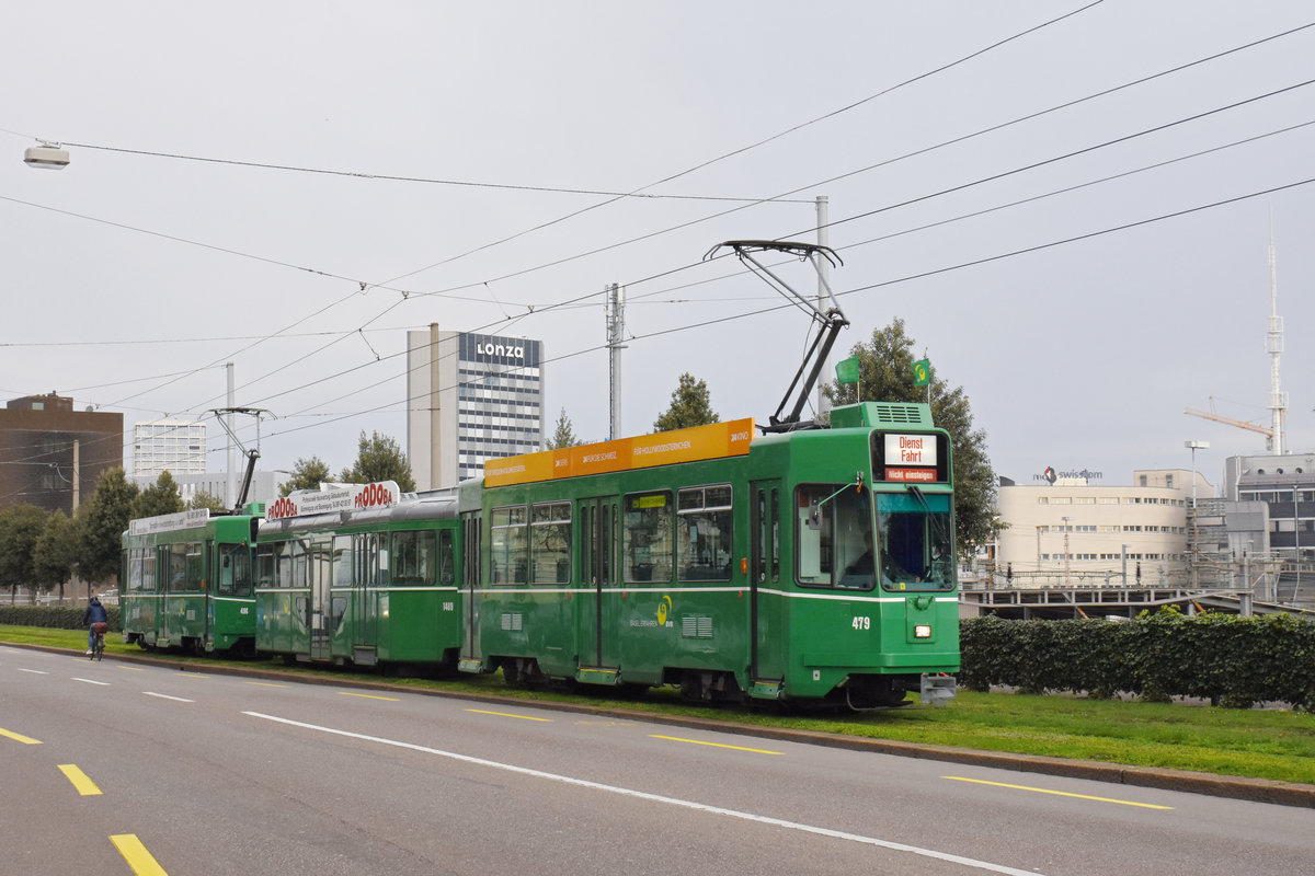 Doppeltraktion, mit dem Be 4/4 479, dem B4S 1489 und dem Be 4/4 496, fährt als Dienstfahrt Richtung Depot Dreispitz. Die Aufnahme stammt vom 17.03.2020.