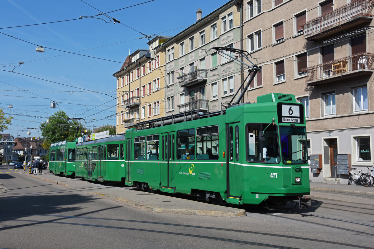 Doppeltraktion, mit dem Be 4/4 477, dem B4S 1495 und dem Be 4/4 491, auf der Linie 6, bedient die Haltestelle Morgartenring. Die Aufnahme stammt vom 08.09.2021.