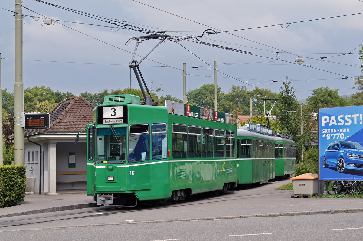 Doppeltraktion, mit dem Be 4/4 497, dem B4S 1506 und dem Be 4/4 476, warten an der Endstation der Linie 3 an der Birsfelden Hard. Die Aufnahme stammt vom 20.09.2016.
