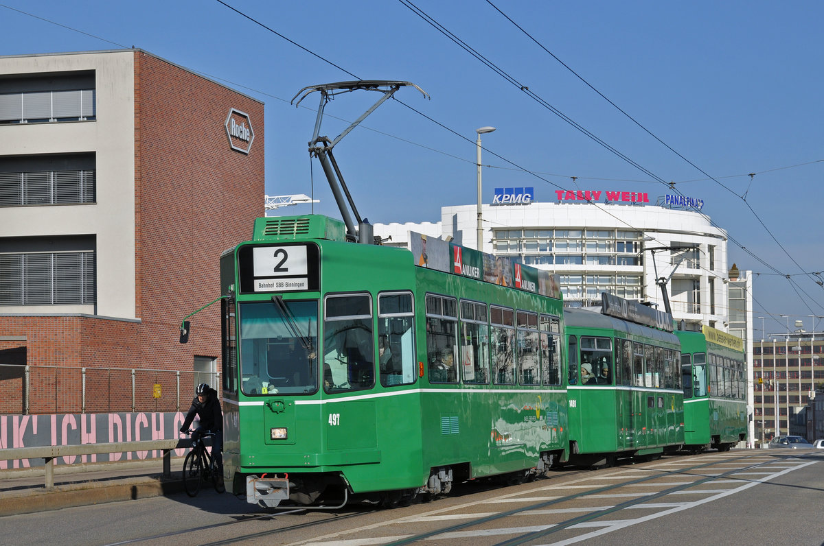 Doppeltraktion, mit dem Be 4/4 497, dem B4S 1491 und dem Be 4/4 499, fahren zur Haltestelle der Linie 2 beim IWB. Die Aufnahme stammt vom 30.11.2016.