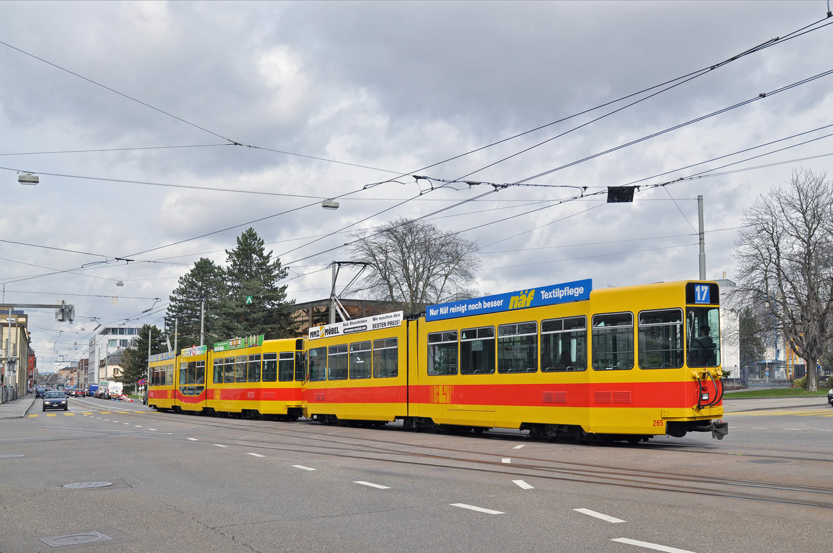 Doppeltraktion, mit dem Be 4/8 244 und dem be 4/6 265, auf der Linie 17, fahren zur Endhaltestelle Wiesenplatz. Die Aufnahme stammt vom 31.03.2018.