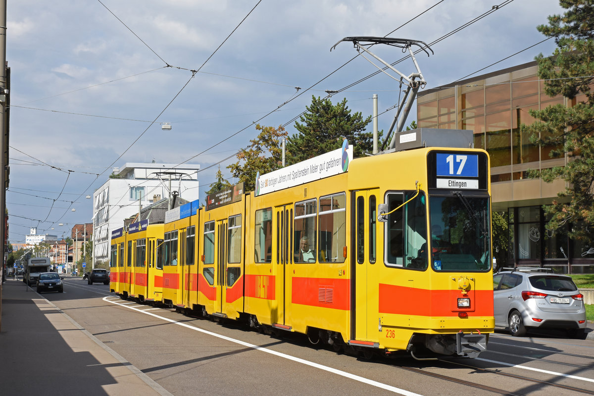 Doppeltraktion, mit dem Be 4/8 236 und dem Be 4/6 266, auf der Linie 17, fährt zur Haltestelle CIBA. Die Aufnahme stammt vom 04.09.2018.