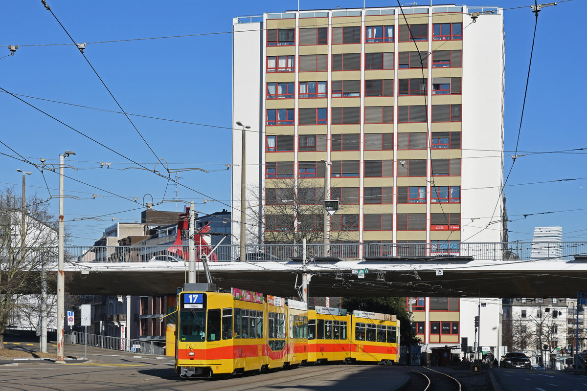 Doppeltraktion, mit dem Be 4/8 202 und dem Be 4/6 260, auf der Linie 17, fährt zur Haltestelle beim ZOO Basel. Die Aufnahme stammt vom 16.02.2019.