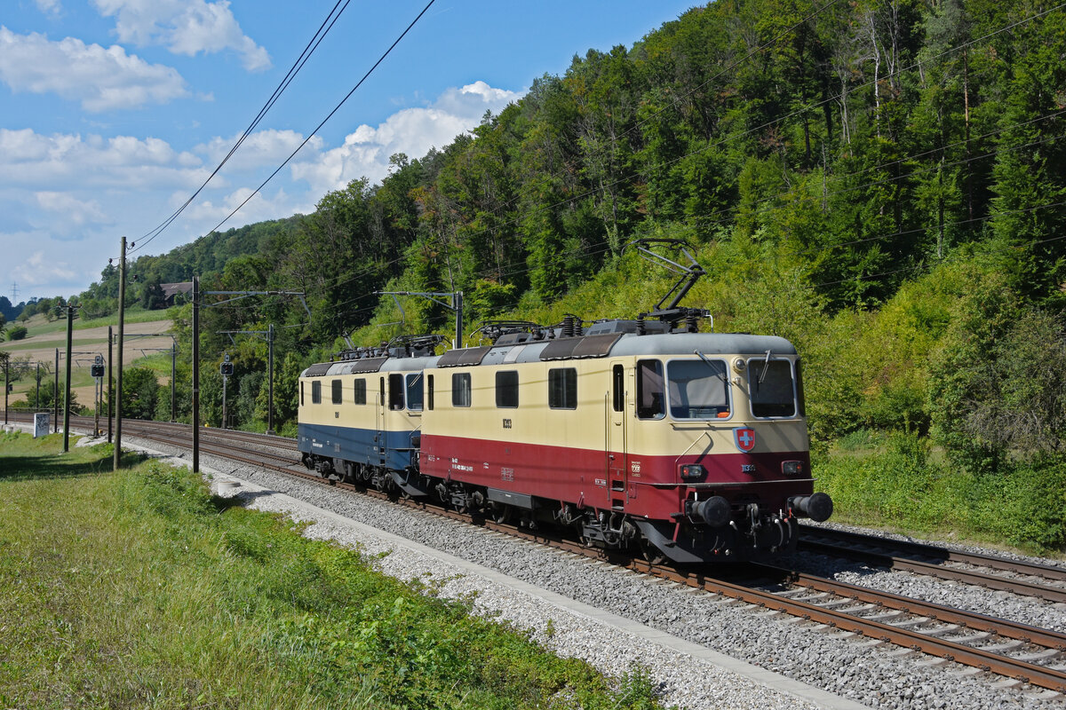 Doppeltraktion, mit den Loks 421 387-2 im Rheingold Look und 421 393-0 im TEE Look fährt Richtung Bahnhof Gelterkinden. Die Aufnahme stammt vom 22.08.2022.