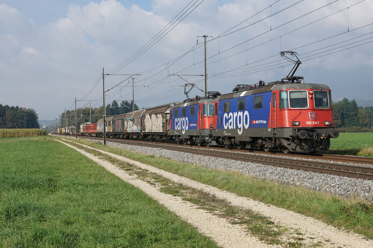 Doppeltraktion mit Re 420 314-7 bei Deitingen am 12. Oktober 2021.
Foto: Walter Ruetsch