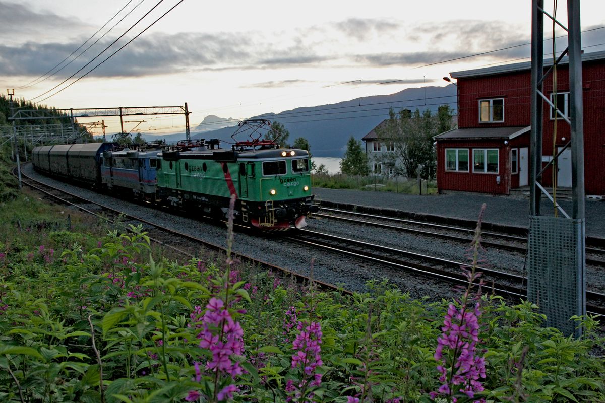 Doppeltraktion der Rc 4 Loks 1281+1175 die nachts um 1 mit einem KLV aus Narvik kommend Richtung Kiruna beim Bf Straumsnes vorbeirauschen.Bild vom 18.7.2014