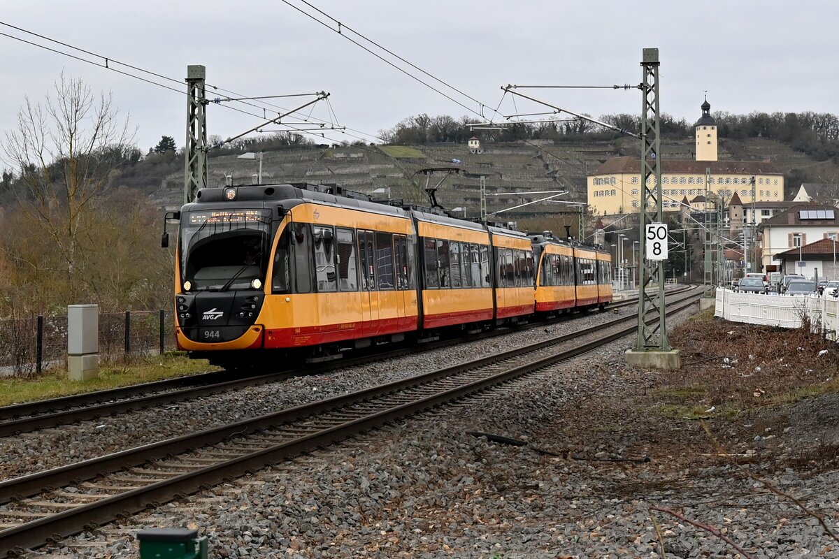 Doppelzug S41 nach Heilbronn Willy-Brandt-Platz verlässt hier Gundelsheim am 11.1.2022