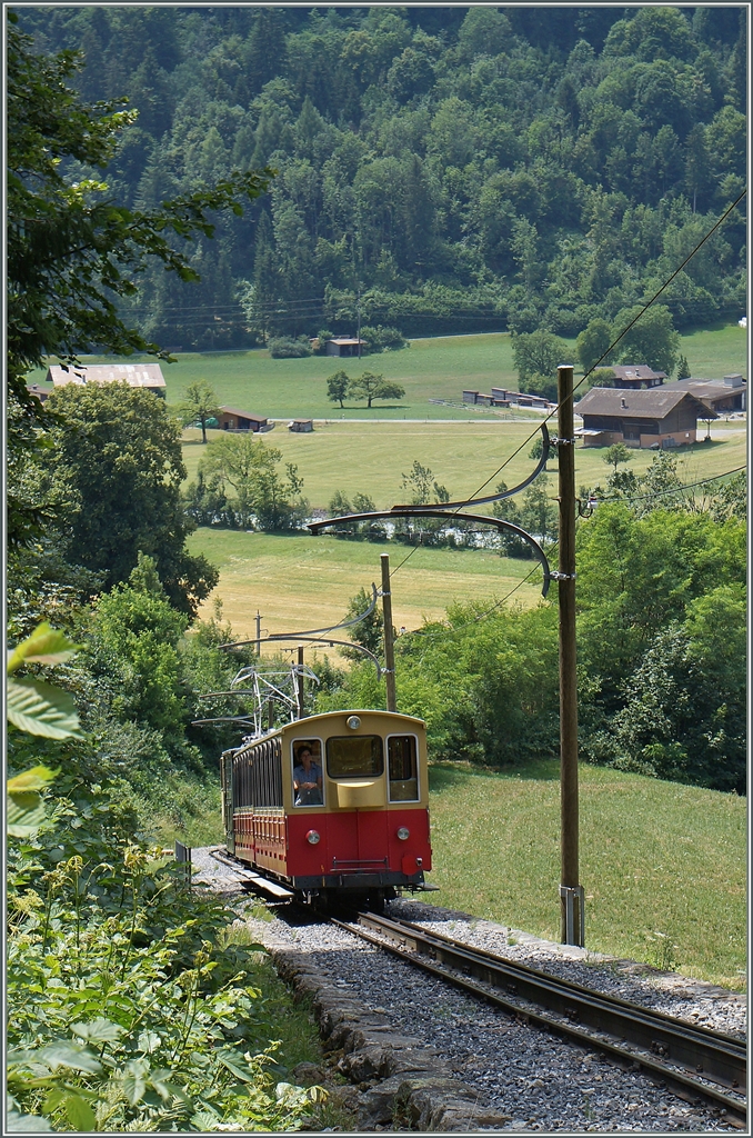 Dort, wo der Wanderweg Wilderswil - Zweilütschienen die Gleise der Schynigen Platten Bahn kreuzt, bietet es sich geradezu für eine kleine Pause an um die teilweise bunten Züge der SPB zu fotografieren. 12. Juli 2015