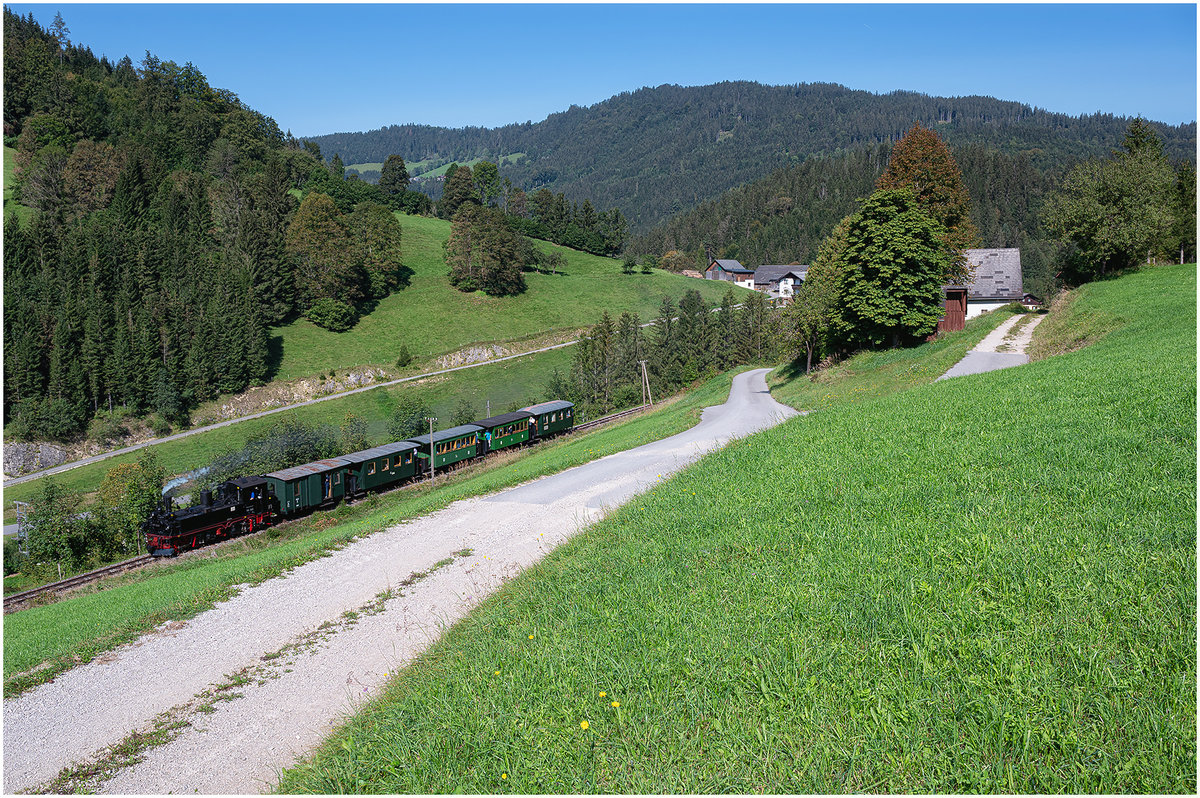 DR 99 568 der Pressnitztalbahn zu Gast bei der Ybbstalbahn Bergstrecke (ÖGLB) zw. Pfaffenschlag und Holzapfel, 10. 9. 2020