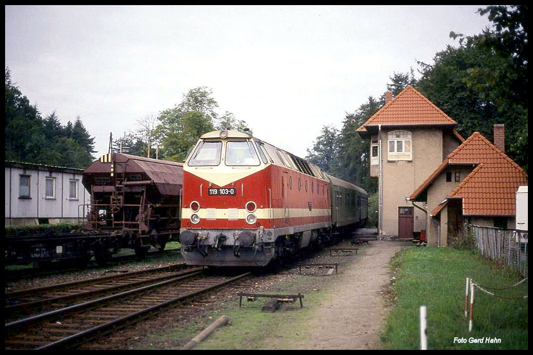 DR U-Boot 119103 fährt um 8.19 Uhr mit einem Personenzug aus Wismar in Bad Doberan ein.