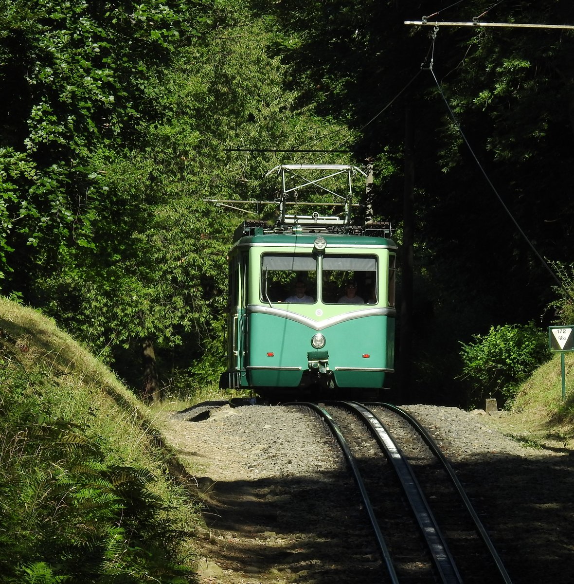 DRACHENFELSBAHN-AUF DEM WEG ZUR MITTELSTATION
Einfach ein schöner Anblick,wie der Triebwagen auf der Zahn-Schiene etwa 500 Meter hinter der Talstation über die Kuppe in Richtung Mittelstation/DRACHENBURG
hochzieht...am 18.7.2017