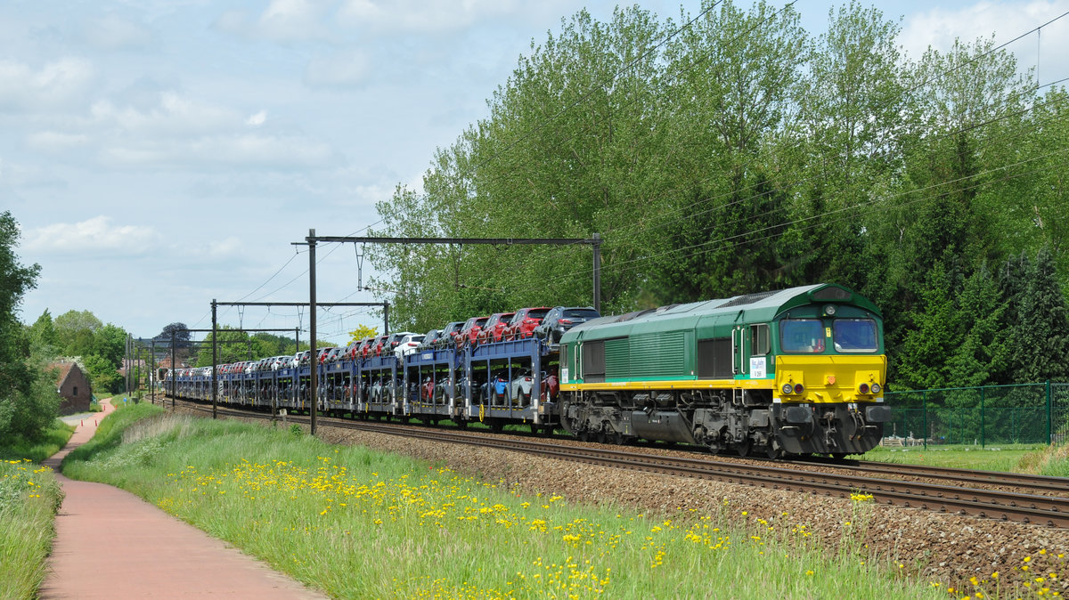 Drei Autozüge innerhalb einer Stunde. Zunächst ein Fuhre fabrikneuer Mazda gezogen von V266 der Rurtalbahn auf dem Weg nach Deutschland. Bildlich festgehalten am 21/05/2016 in Hoeselt.