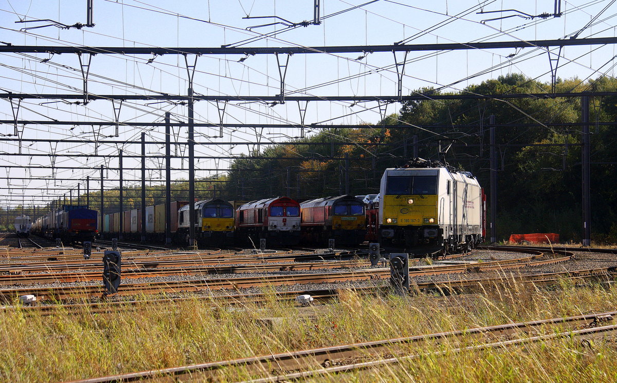 Drei Class 66 und die 186 167-3 stehen in Montzen-Gare(B).
Aufgenommen in Montzen-Gare(B). 
Bei schönem Sonnenschein am Nachmittag vom 15.10.2017. 