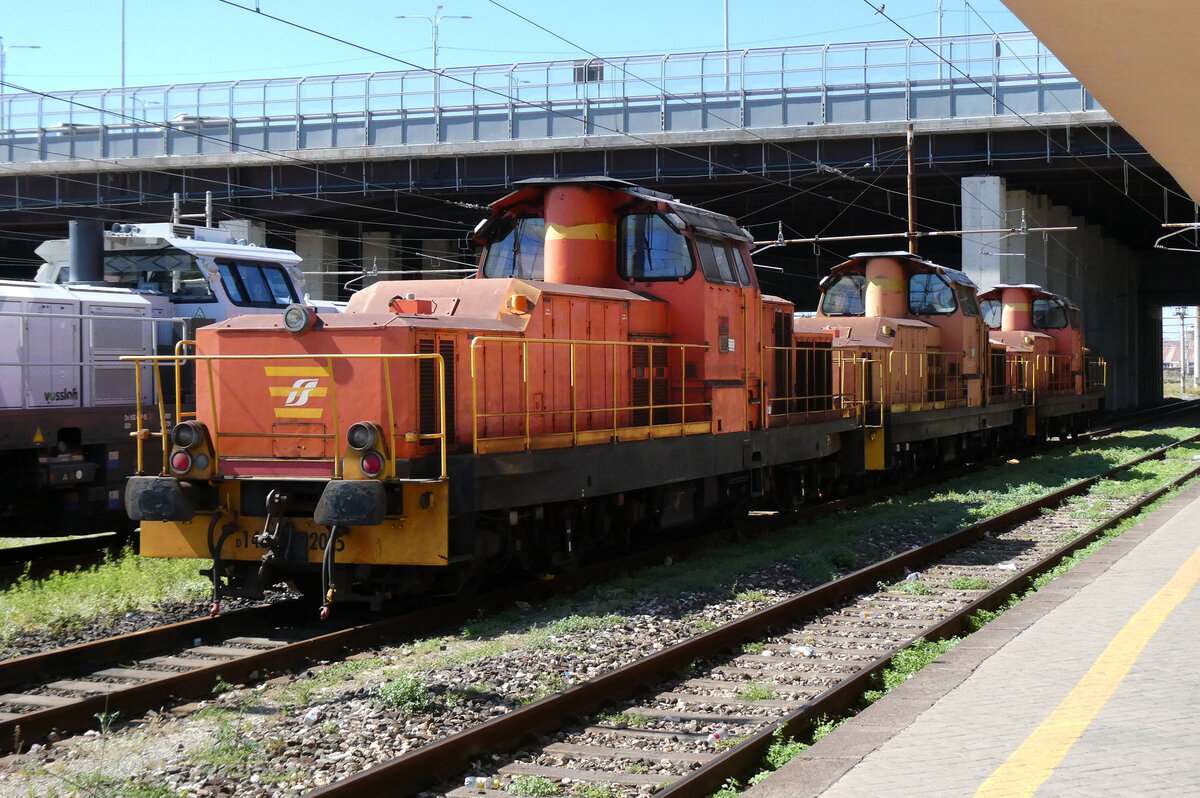 Drei Dieselloks in oranger Farbgebung warten in Messina auf die nächsten Güterwagen, die mit der Fähre von Villa S.G. her ankommen. Messina, 2.5.2026