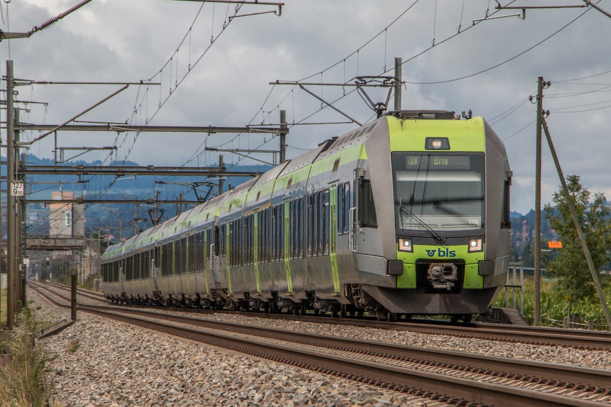 Drei Lötschberger RABe535 als RE nach Brig/Zweisimmen unterwegs bei Kiesen. 16.08.2015