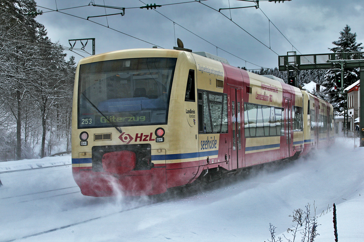 Drei Seehäsle,am Zugende 253,als  Güterzug  getarnt verschwinden im Schneestaub,bitte keine Fahrgäste nur Güter ...!!!
Bild in Hattingen,30.1.2015