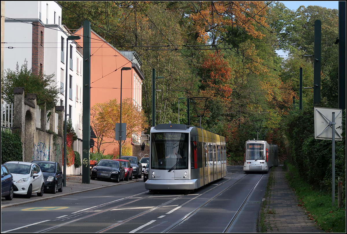 Düsseldorfer Niederflurbahnen -

In der ansteigenden Ludenberger Straße begegnen sich eine NF10-Straßenbahn der Linie 709 und eine Doppeltraktion zweier NF8U-Bahnen der Linie U83. Beide Fahrzeugetypen fahren nur in Düsseldorf.

14.10.2019 (M)