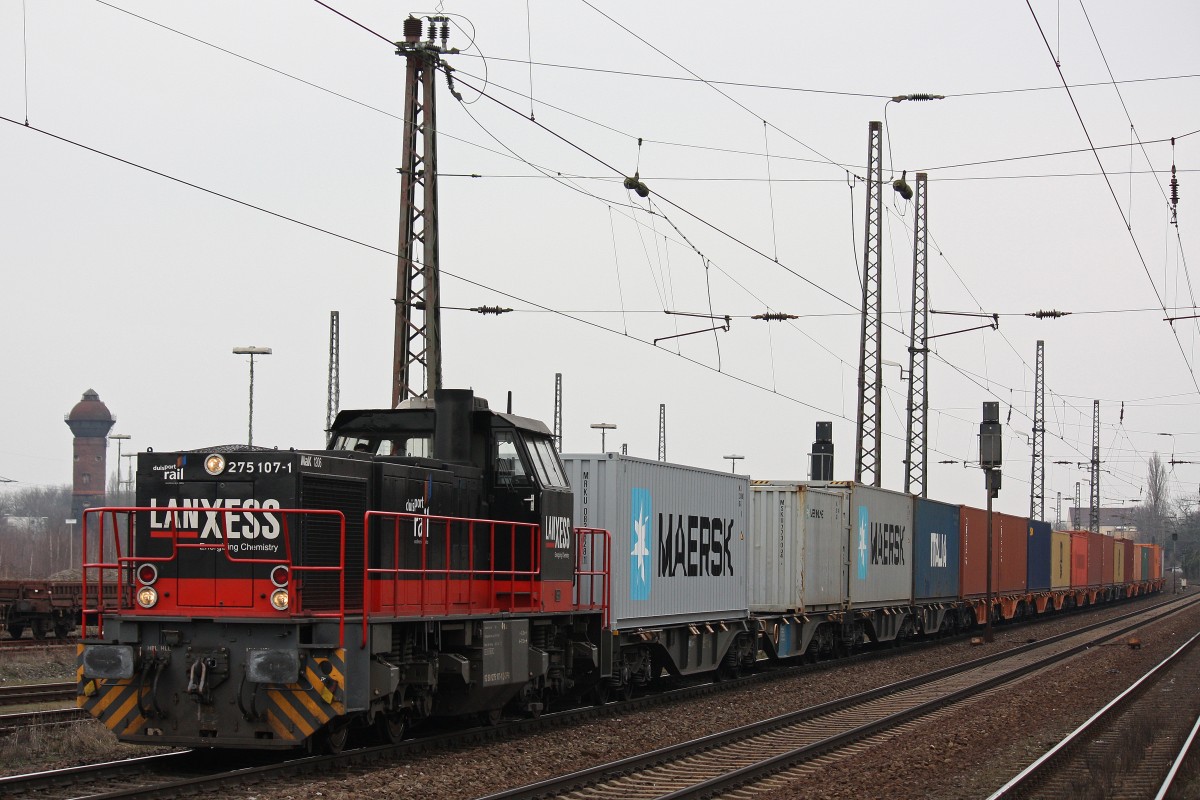 DuisportRail 275 107 am 23.3.13 mit einem Containerzug in Duisburg-Bissingheim.Der Zug machte in Entenfang Kopf.