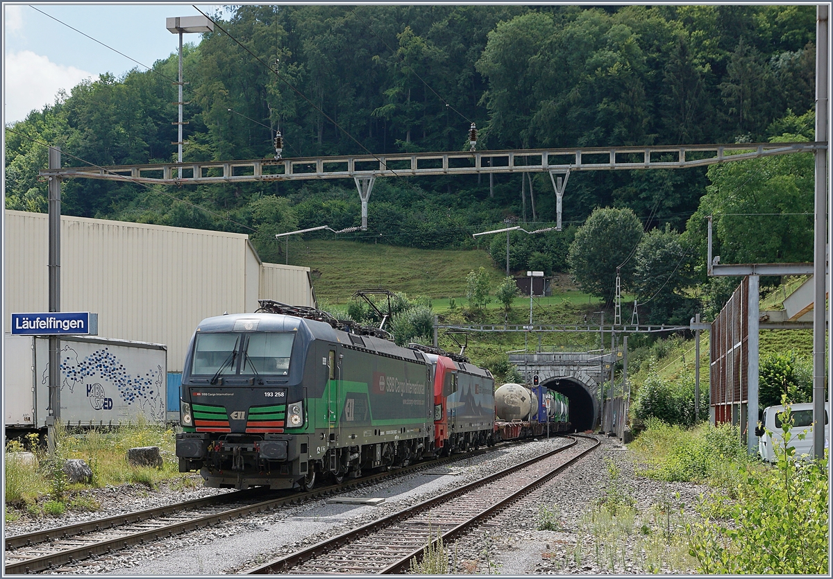 Durch die Gleiserneuerung zwischen Tecknau und Gelterkinden steht für den Süd-Nord Güterverkehr nur ein Trasse pro Stunde zur Verfügung, alles andere muss über den Berg, so auch die beiden SBB Re 193 259 und 461 die in Läufelfingen mit einem Güterzug den 2495 Meter langen Hauensteintunnel verlassen. 
11. Juli 2018