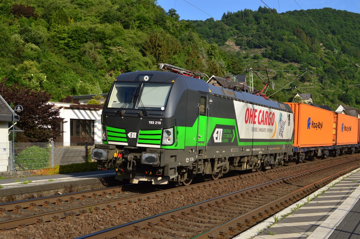 Durch Hirzenach kommt mit einem Containerzug die OHE 193 219 gen Süden gefahren. 4.6.2015
