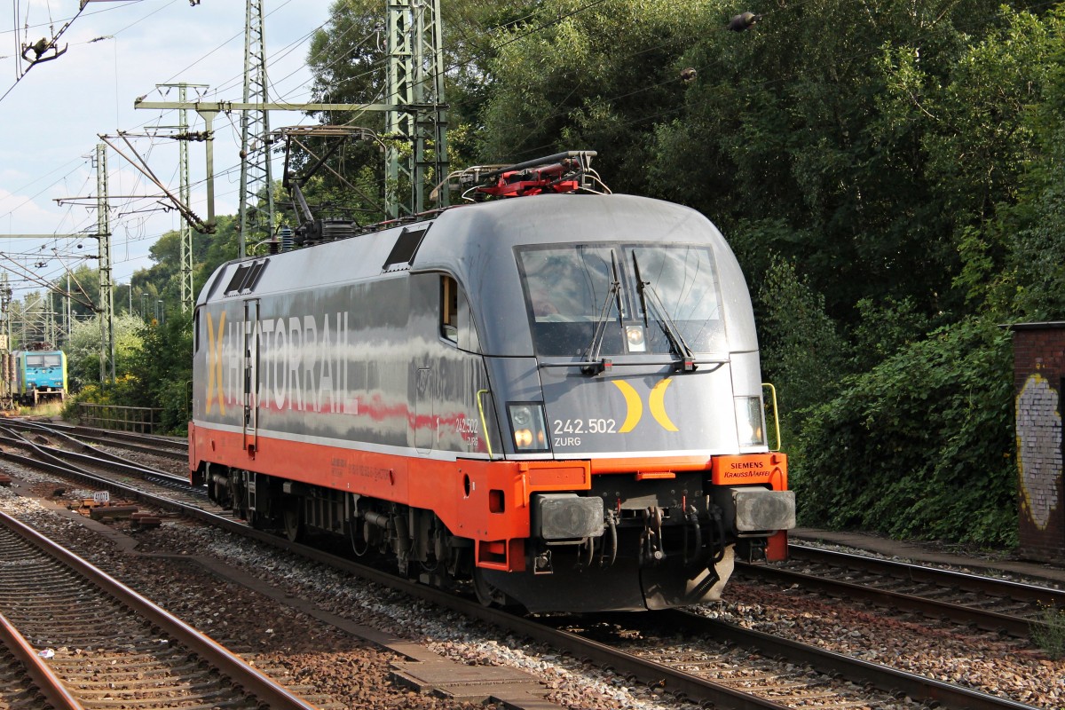 Durchfahrt am 13.08.2014 von Hectorrail 242.502  Zurg  als Tfzf in Hamburg Harburg gen Hamburger Hafen.