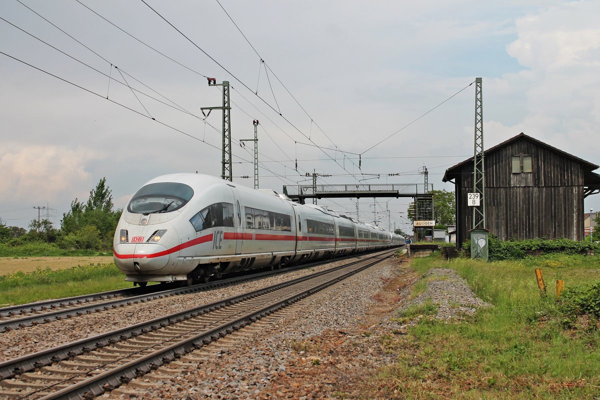 Durchfahrt am Mittag des 25.05.2019 von 406 054-7 (4654) als ICE 105 (Amsterdam CS - Basel SBB) zusammen mit 406 001-8 (4601)  Europa/Europe  als ICE 505 (Köln Hbf - Basel SBB) durch den Haltepunkt von Auggen über die RHeintalbahn in Richtung Schweiz.
