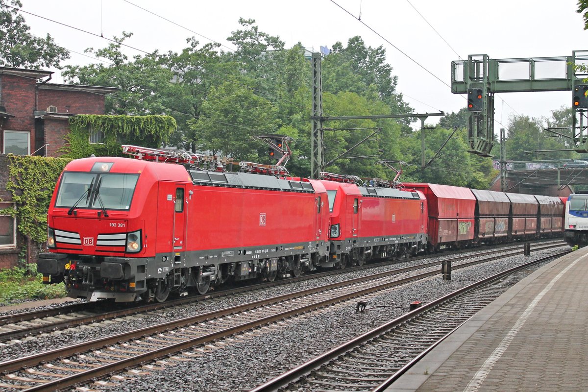 Durchfahrt am Nachmittag des 06.07.2019 von 193 381 zusammen mit 193 369 und einem vollen Erzzug (Hamburg Hansaport - Ziltendorf) durch den Bahnhof von Hamburg Harburg in Richtung Maschen, wo ein Fahrtrichtungswechsel statt finden wird.